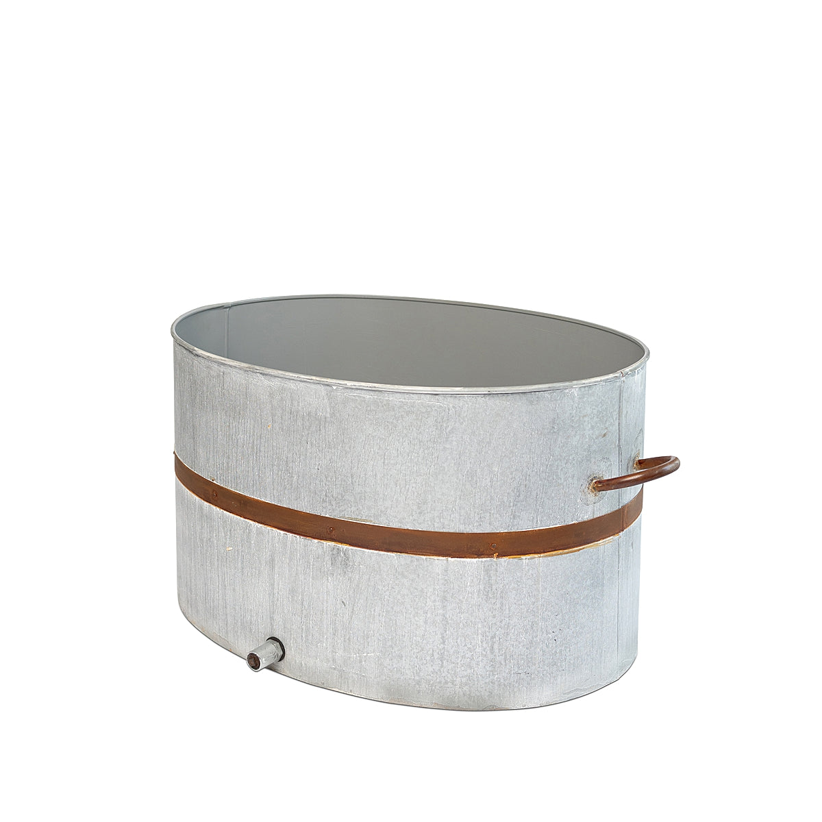 Angled view of a rustic oval water trough planter with a weathered finish and a distinctive rust-toned band, showcasing classic farmhouse charm on a white background.