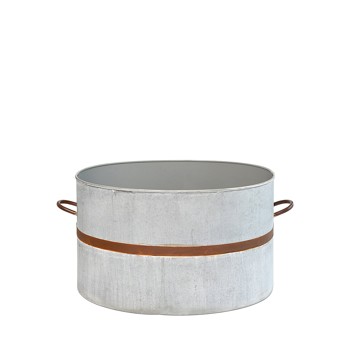 Back view of a rustic oval water trough planter with a weathered finish and a distinctive rust-toned band, showcasing classic farmhouse charm on a white background.