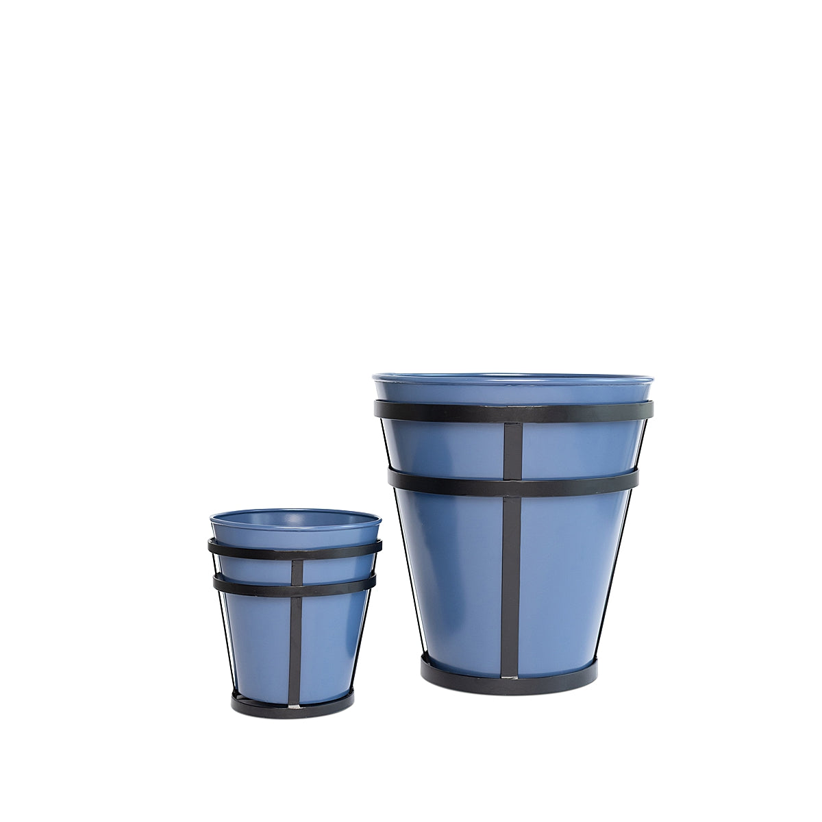 Set of two powder-coated blue modern rustic steel planters with black metal frames on a white background