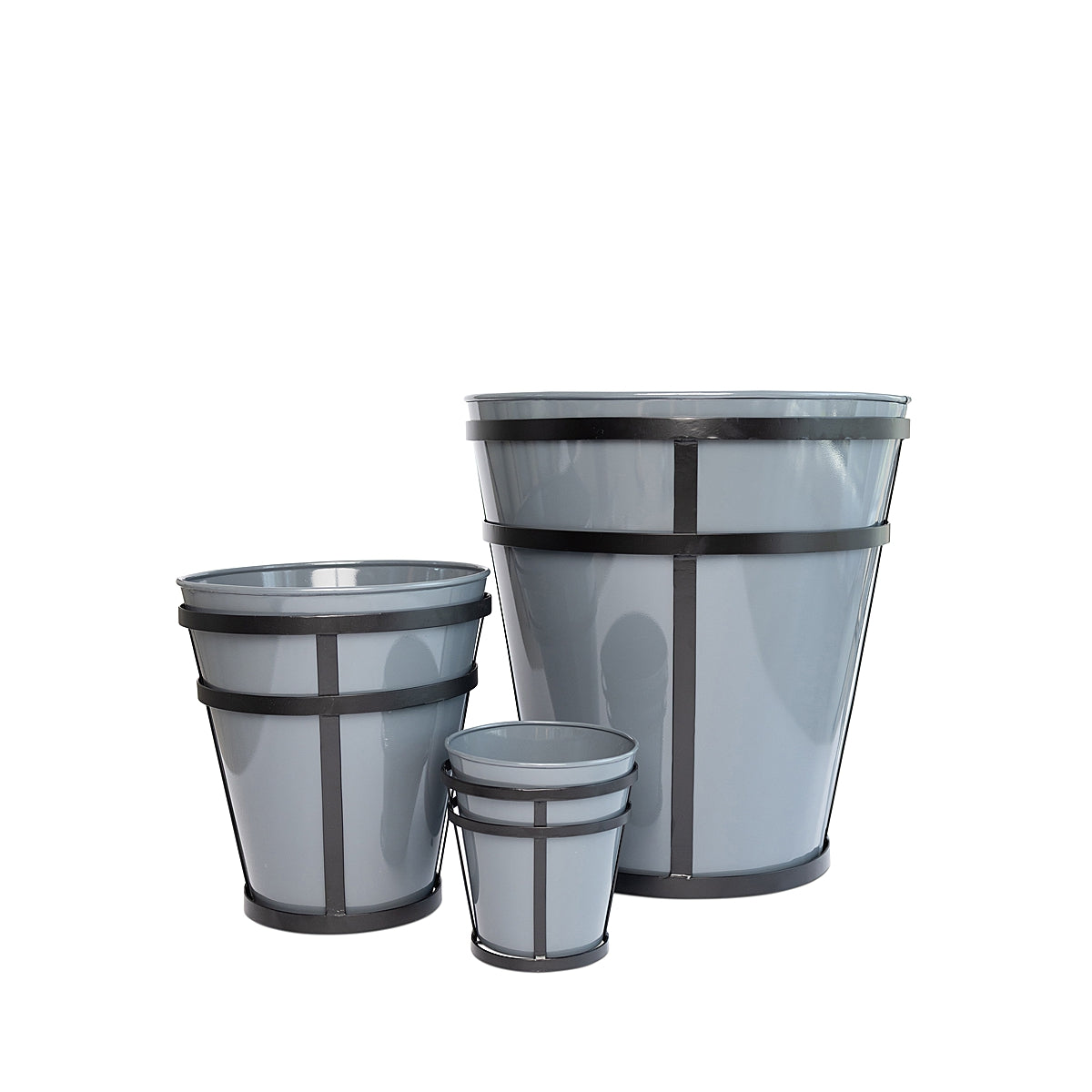 Set of three powder-coated gray modern rustic steel planters with black metal frames on a white background