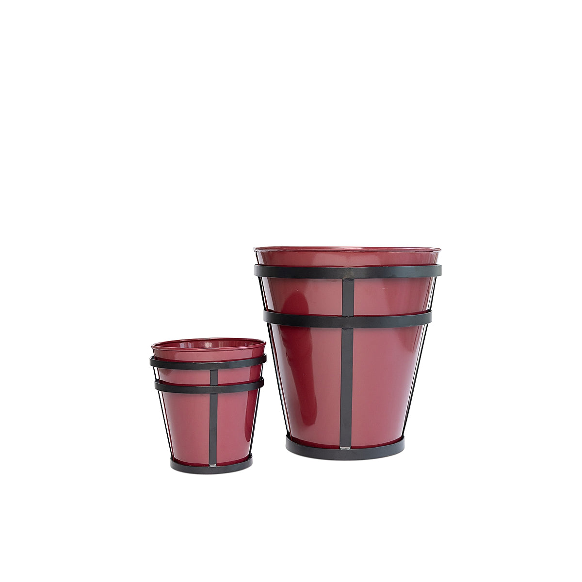 Set of three powder-coated red modern rustic steel planters with black metal frames on a white background