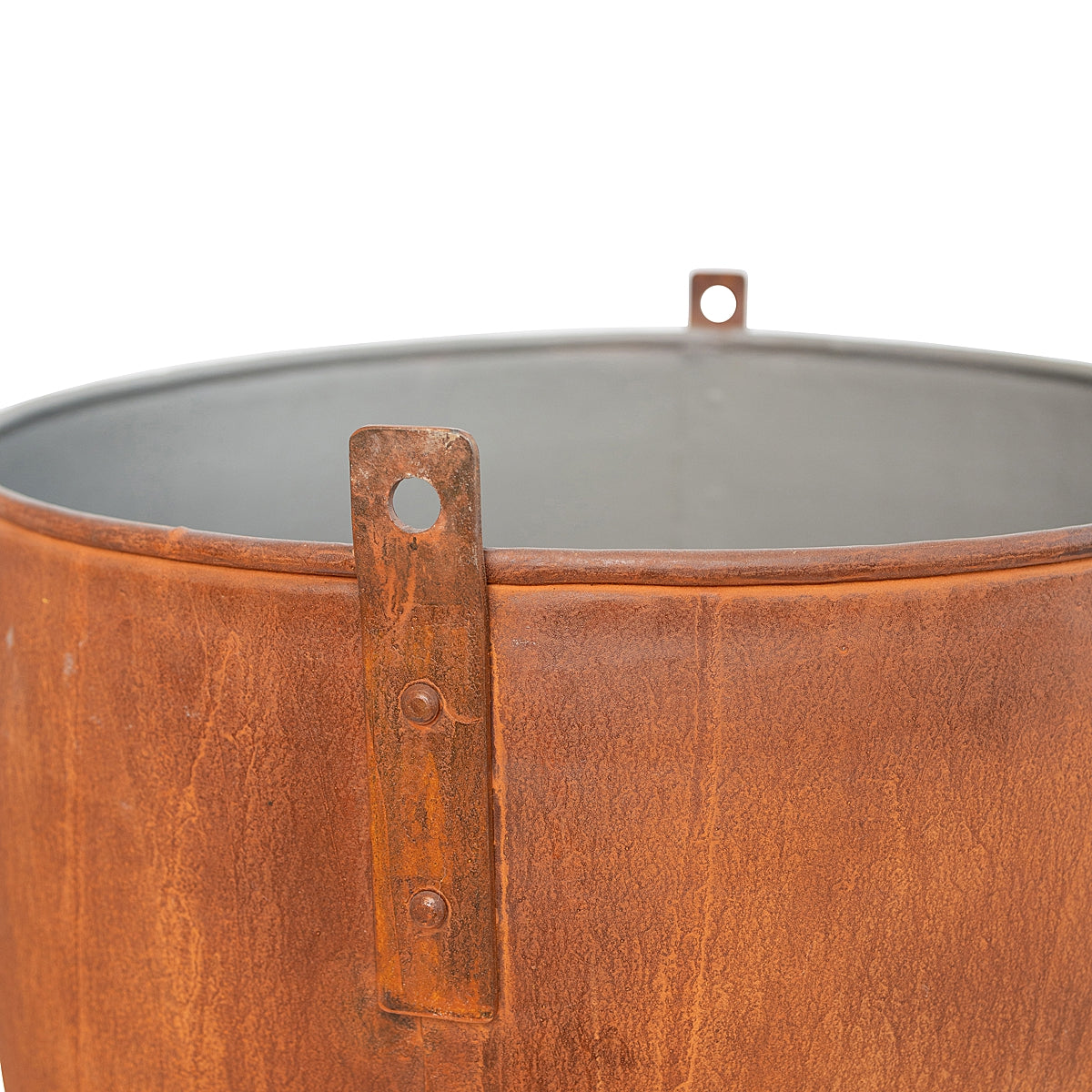 Close-up of lug details on the Aged Round Ore Bucket Steel Planter with a rich aged rust patina finish, inspired by rugged, vintage ore buckets on a white background.