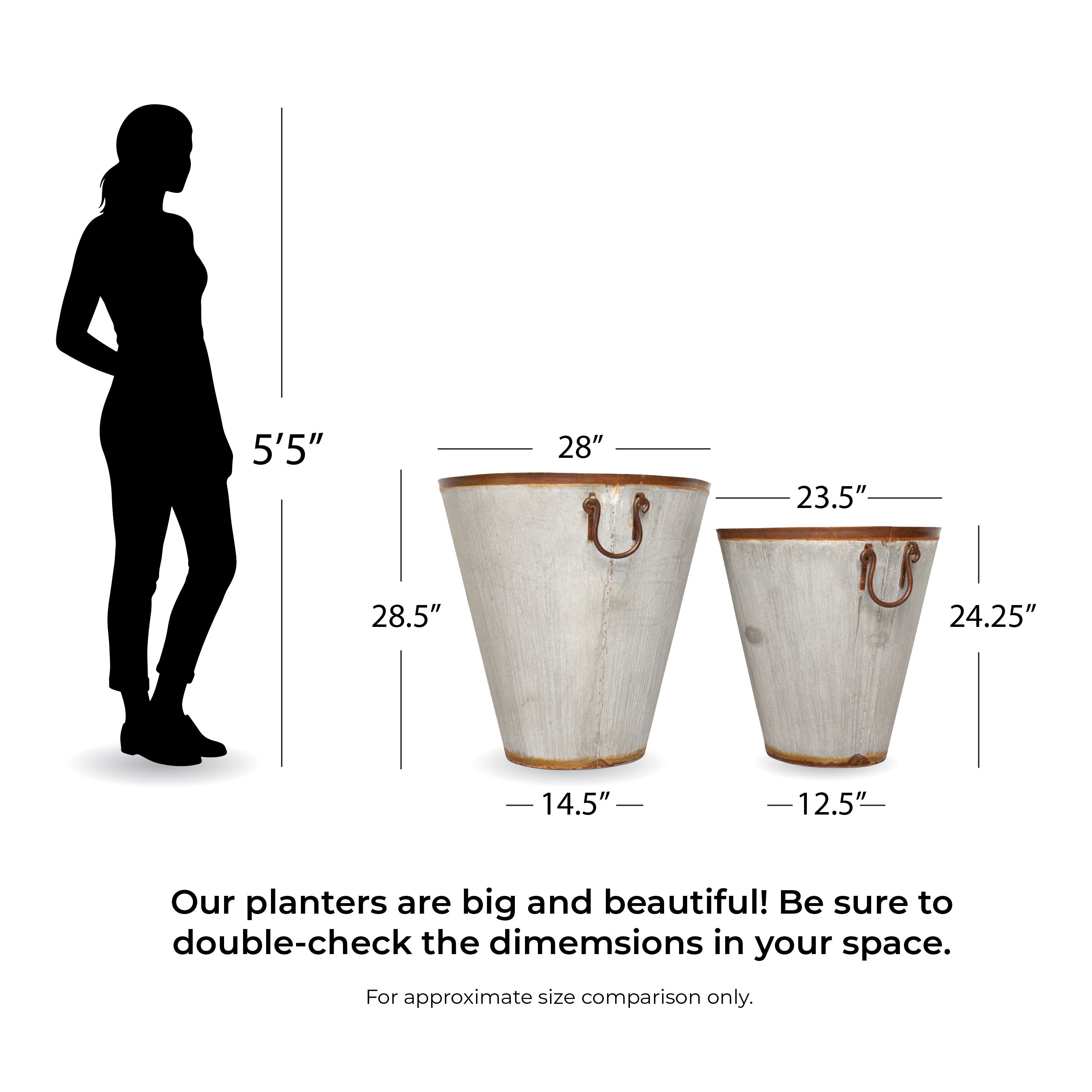 Dimensions of Honey Bee Outdoor planters with a silhouette of a person for scale on a white background