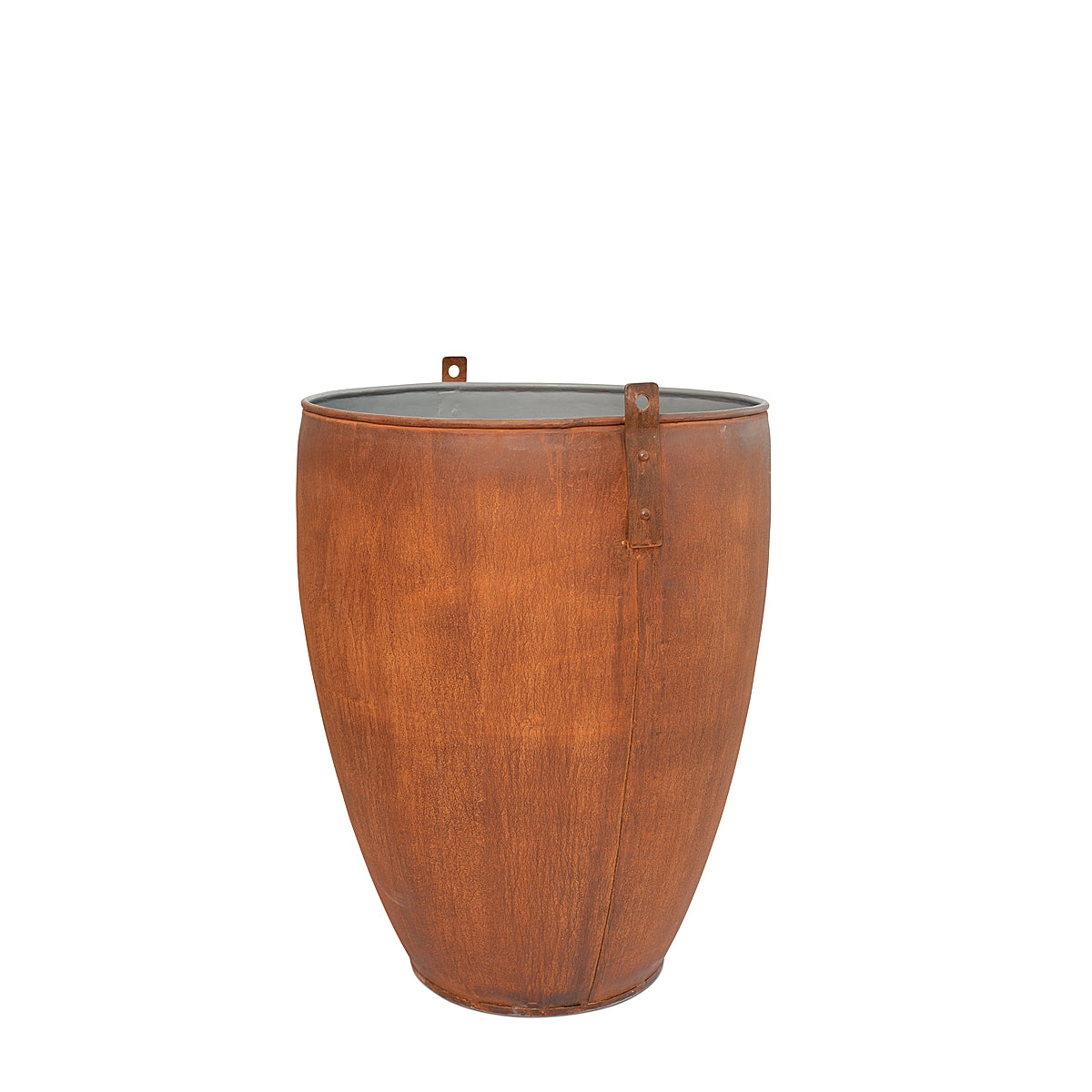 An Aged Round Ore Bucket Steel Planter with a rich aged rust patina finish, inspired by rugged, vintage ore buckets on a white background.