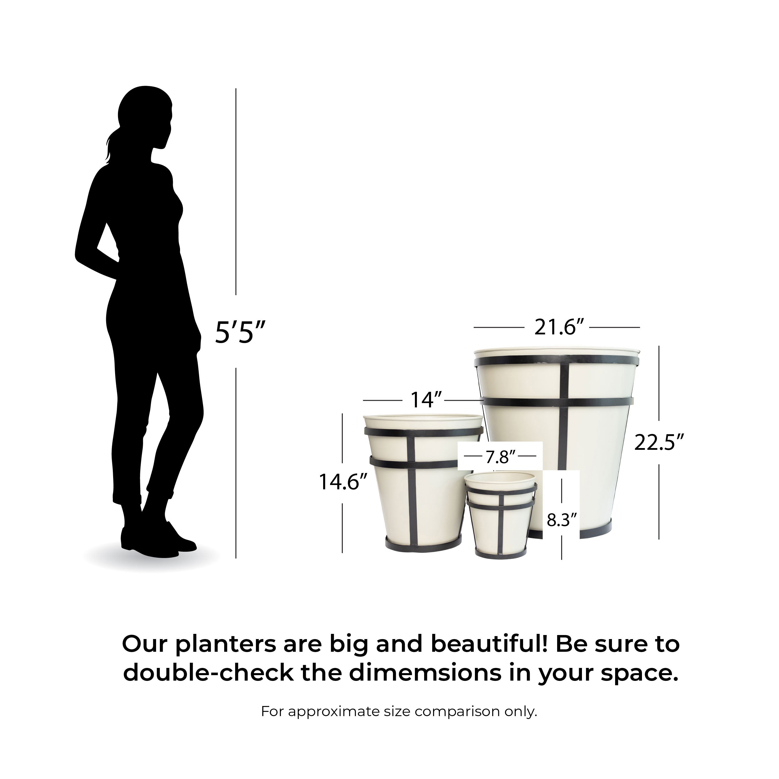 Size comparison chart showing Honey Bee Outdoor powder-coated planters and a person for scale.