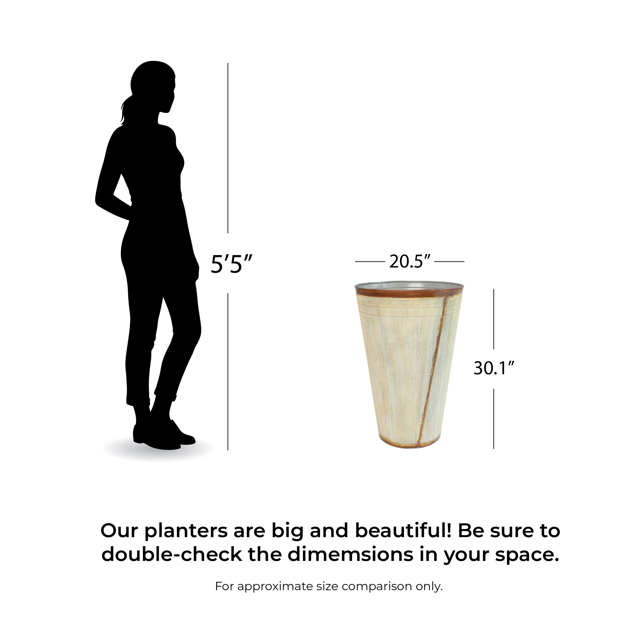 Dimensions of a Honey Bee Outdoor planter shown with a silhouette of a person for scale.
