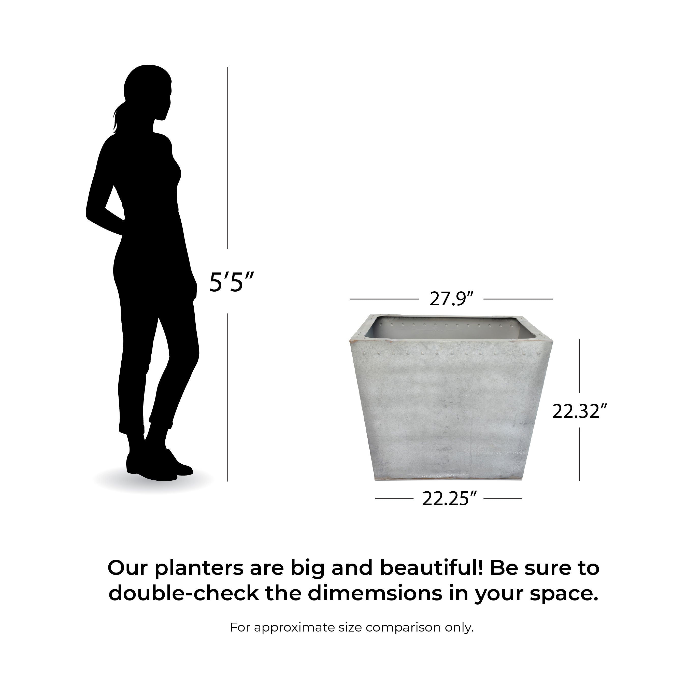 Dimensions of a Honey Bee Outdoor planter shown with a silhouette of a person for scale.