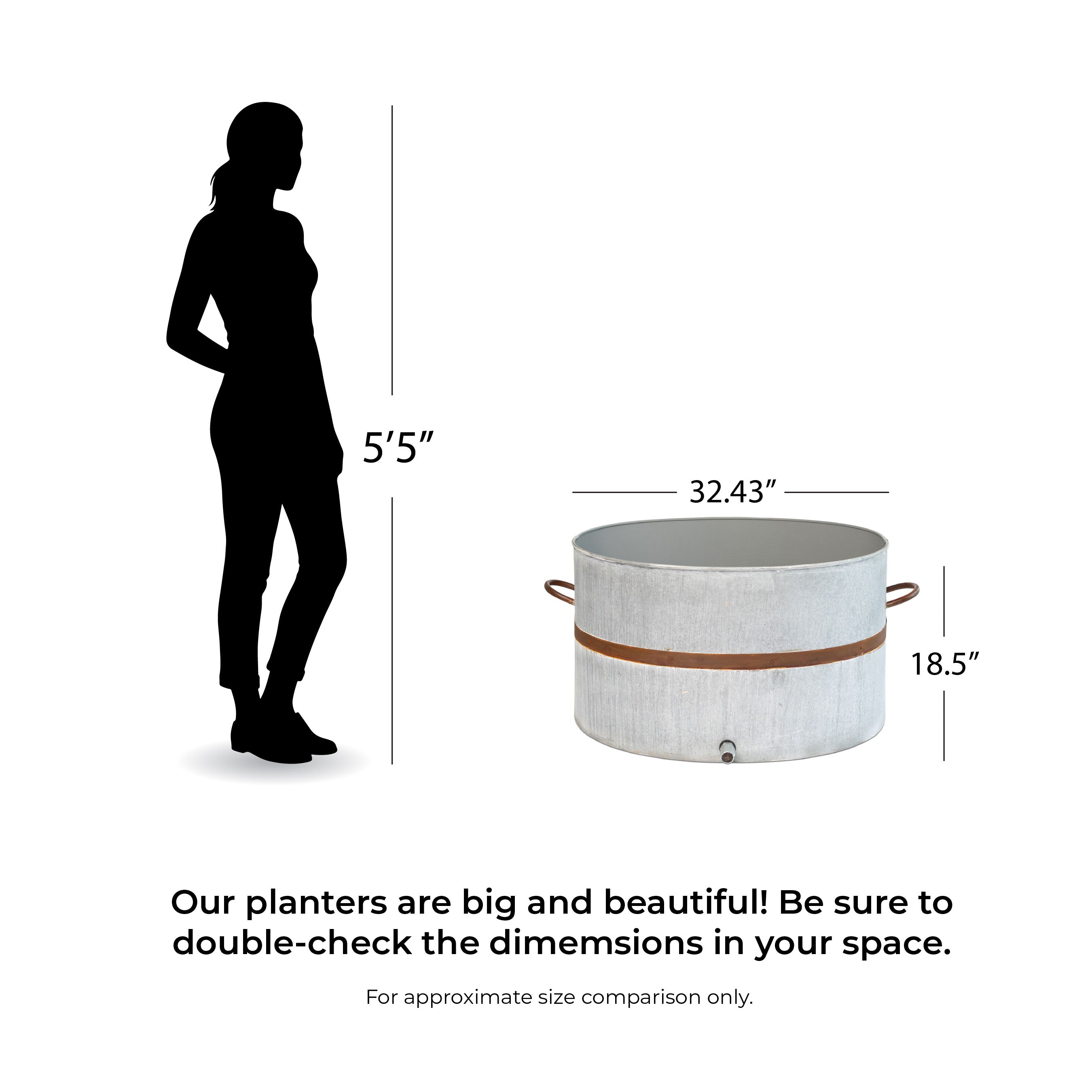 Honey Bee Outdoor Planters with dimensions shown next to a silhouette of a person for size comparison.