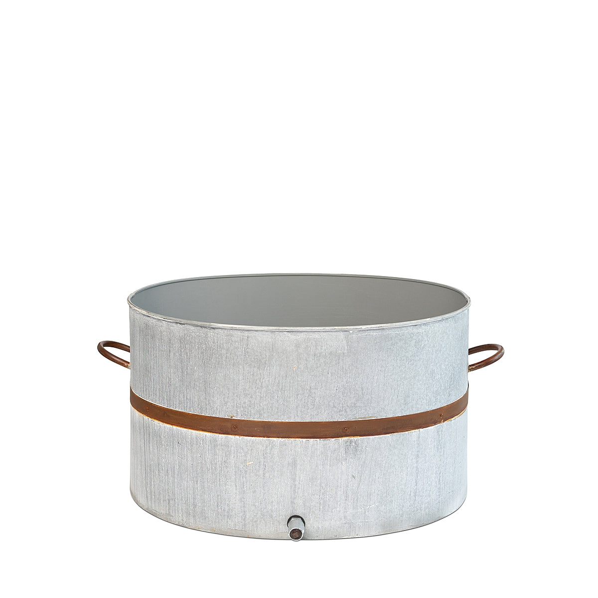 A rustic oval water trough planter with a weathered finish and a distinctive rust-toned band, showcasing classic farmhouse charm on a white background.