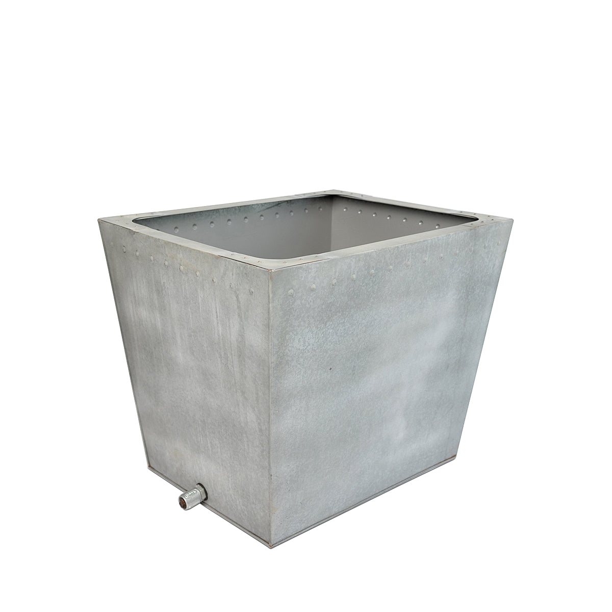 The Rustic Rectangle Water Trough Metal Planter with a rugged galvanized steel finish and visible rivet details, inspired by traditional farm troughs on a white background.
