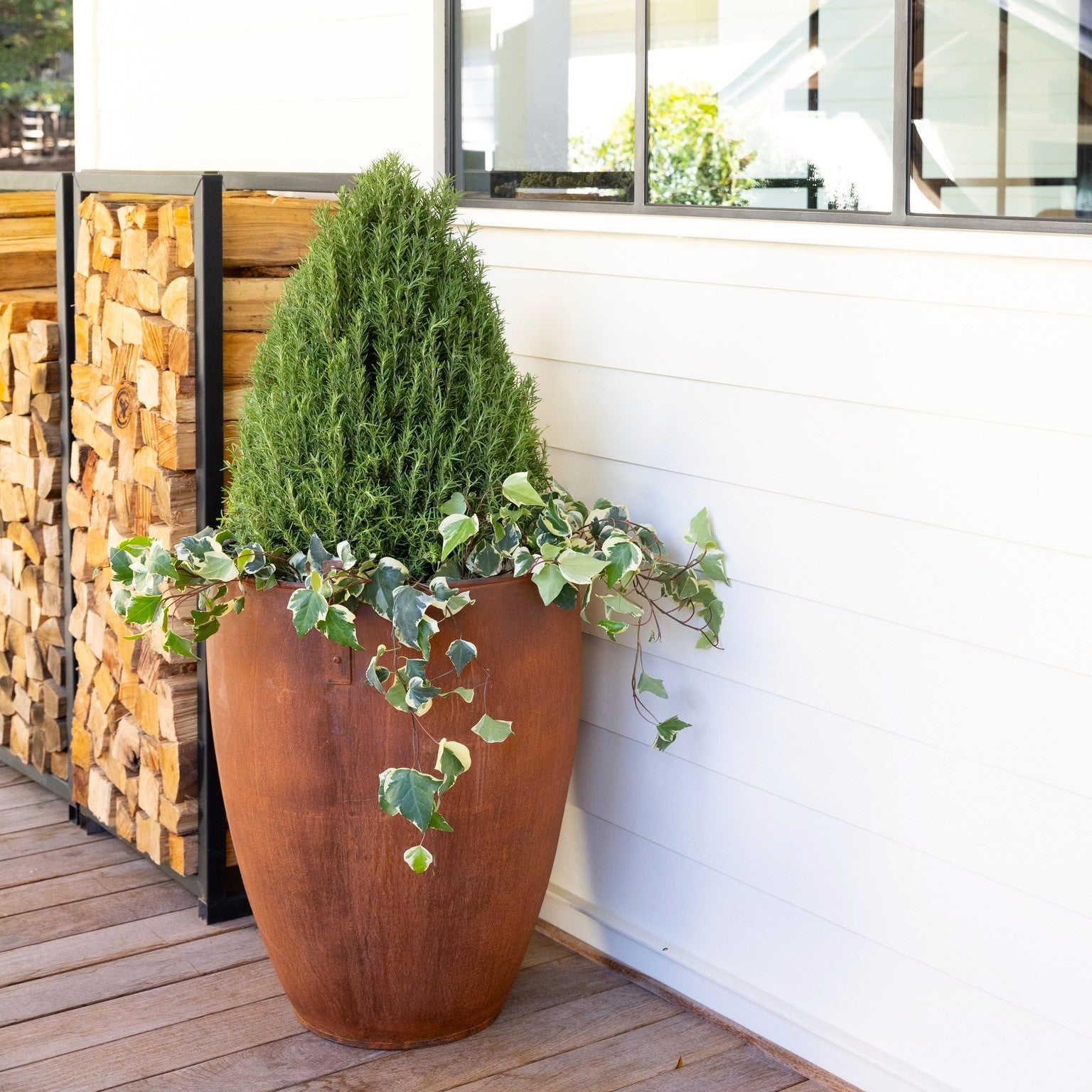 Large brown planter with green plants on a wooden deck next to stacked firewood.