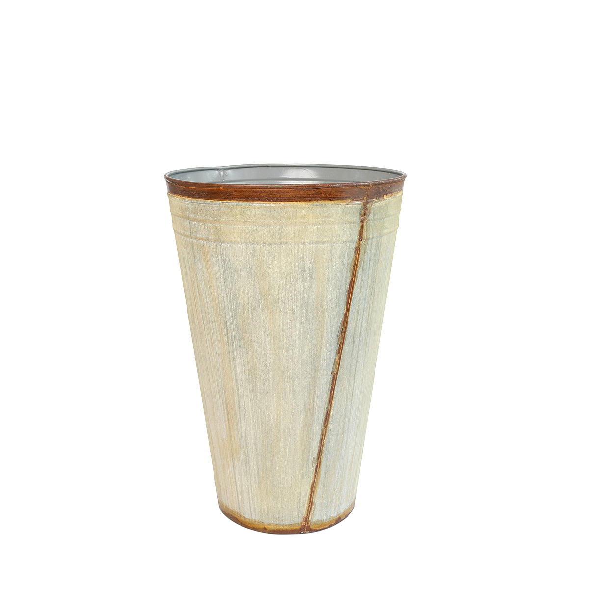 A Tall Weathered Whitewash Steel Planter with a beautifully weathered finish and contrasting rusted bands, inspired by classic French grape harvesting baskets on a white background.