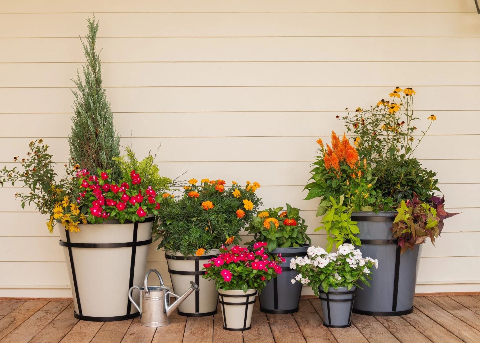 Collection of Honey Bee Outdoor potted metal planters on a wooden deck against a beige wall.