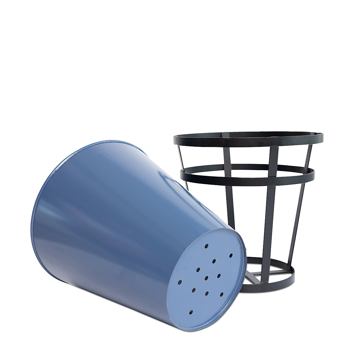 Blue Modern Rustic Framed Steel Planter, tipped on its side to show the drainage holes on the bottom, with its black metal frame standing next to it on a white background