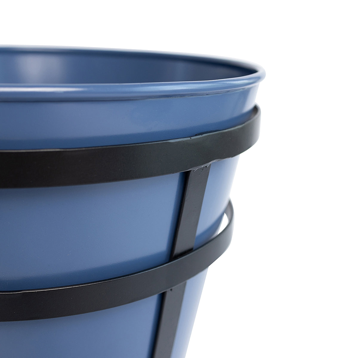 Close-up detail of the blue Modern Rustic Framed Steel Planter on white background showing the black metal frame