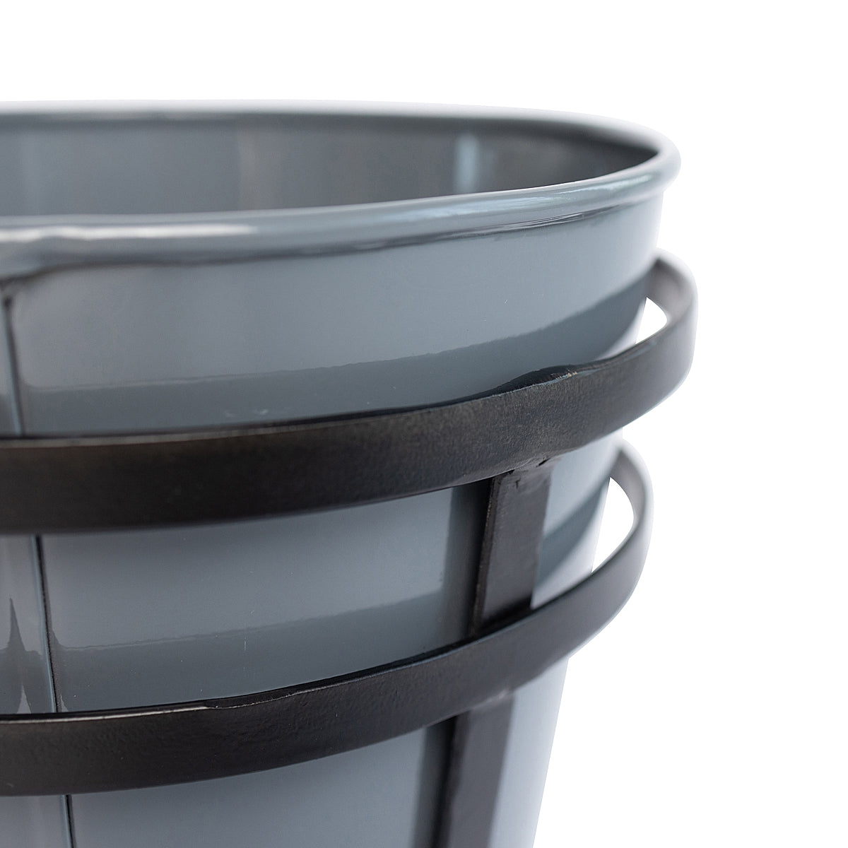 Close-up detail of the gray Modern Rustic Framed Steel Planter on white background showing the black metal frame