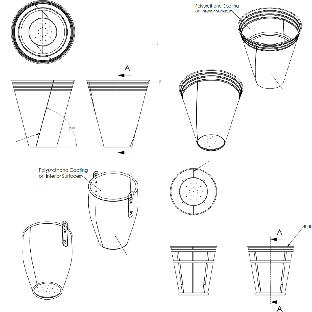 Technical drawing of a vintage inspired containers with various components and measurements.