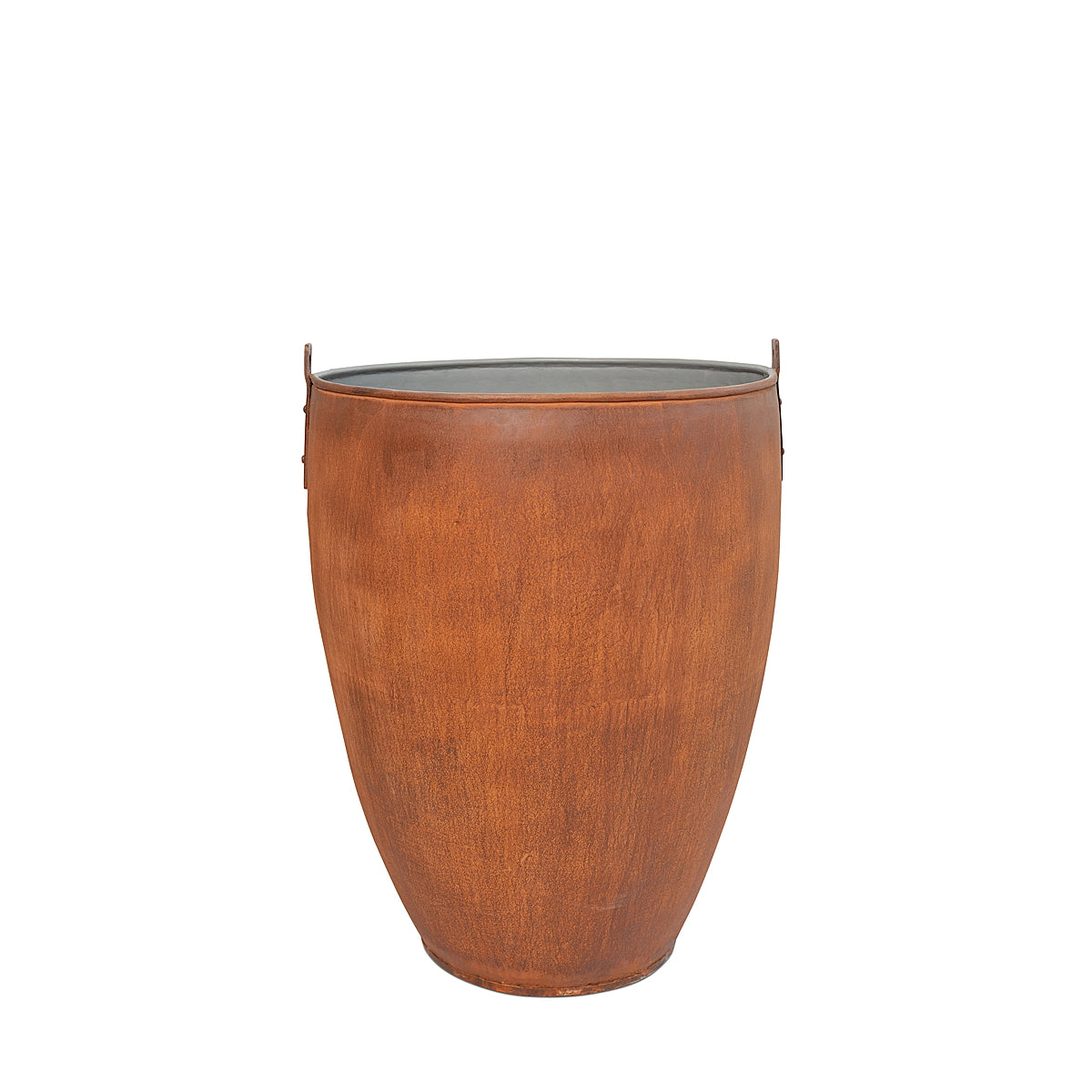 An Aged Round Ore Bucket Steel Planter with a rich aged rust patina finish, inspired by rugged, vintage ore buckets on a white background.