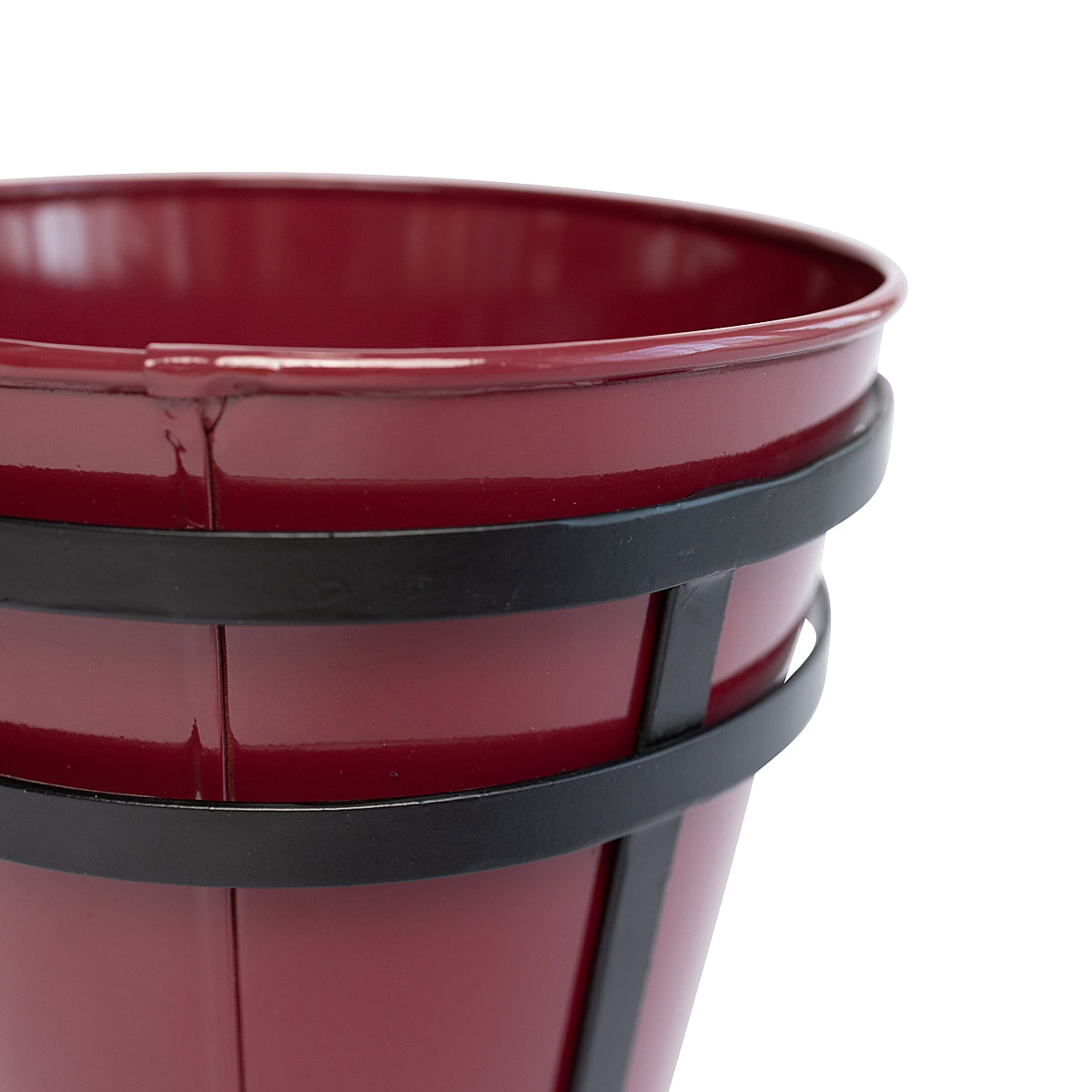 Close-up detail of the red Modern Rustic Framed Steel Planter on white background showing the black metal frame