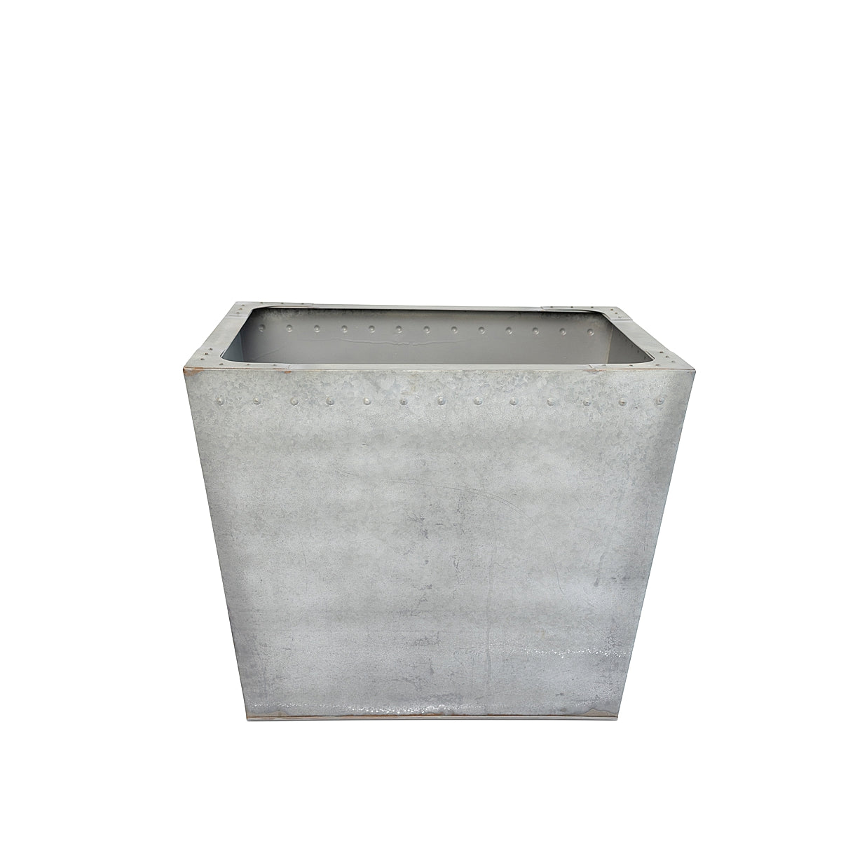 The Rustic Rectangle Water Trough Metal Planter with a rugged galvanized steel finish and visible rivet details, inspired by traditional farm troughs on a white background.