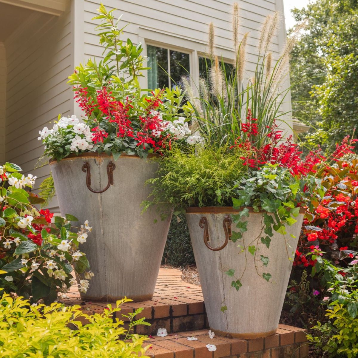 Decorative flower pots with plants and flowers on a patio