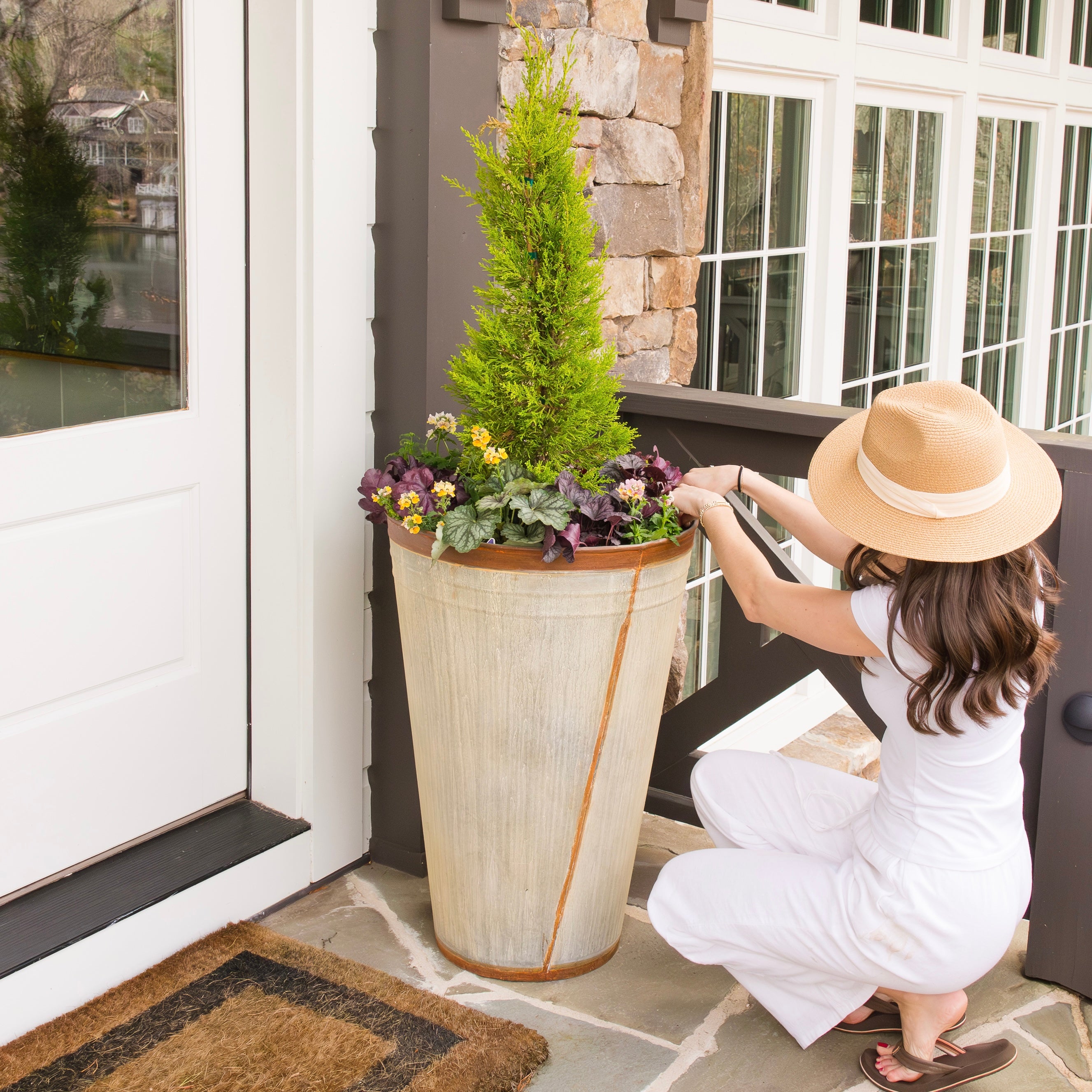 Tall Weathered Whitewash Steel Planter