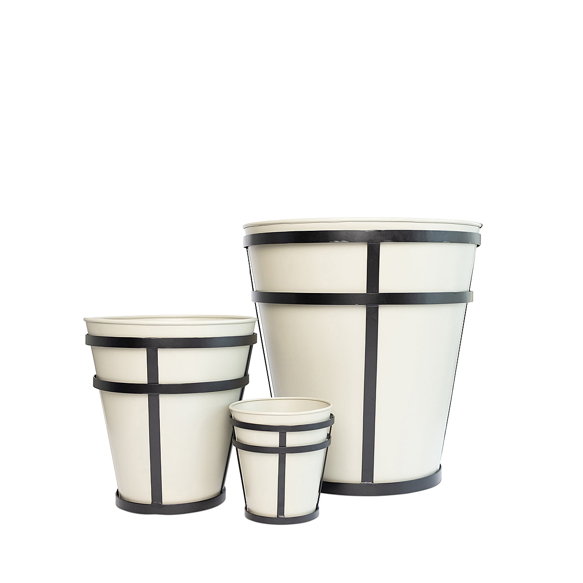 Set of three powder-coated off-white modern rustic steel planters with black metal frames on a white background