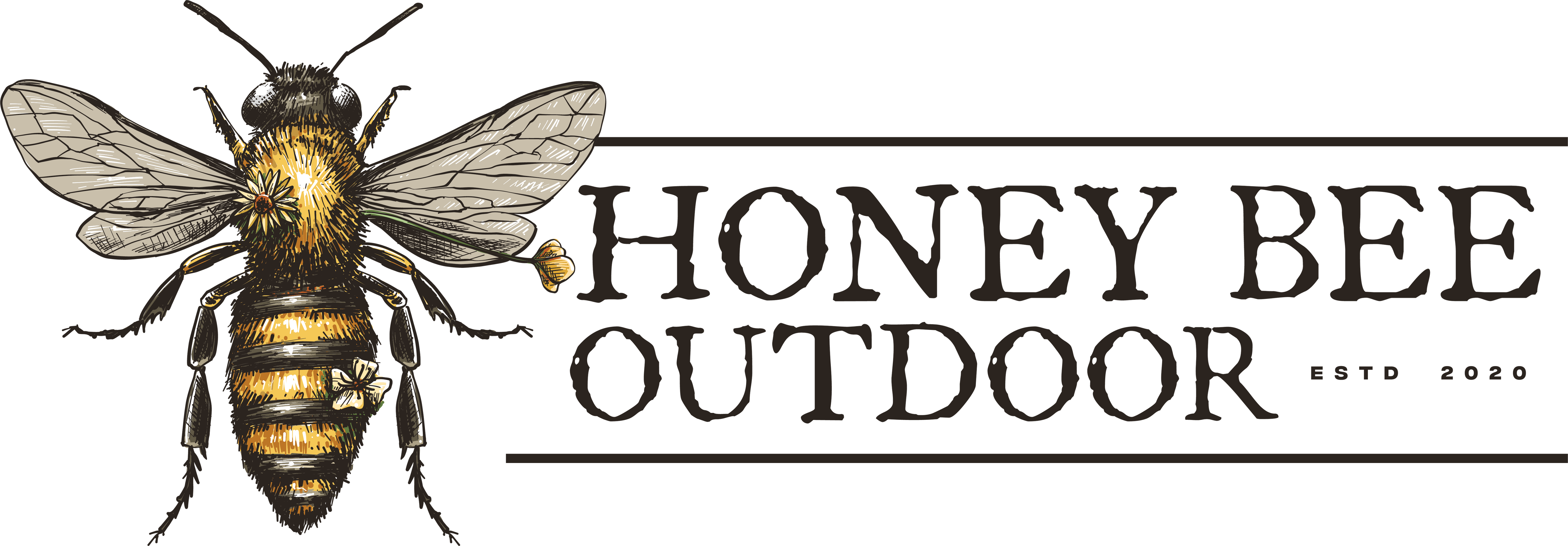 Logo of Honey Bee Outdoor with a bee illustration on a white background