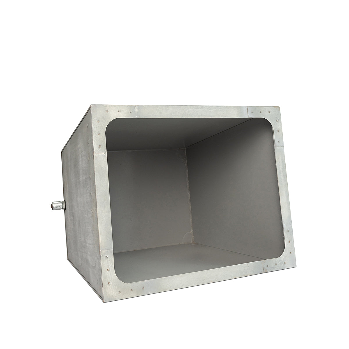 Inside view of the Rustic Rectangle Water Trough Metal Planter with a rugged galvanized steel finish and visible rivet details, inspired by traditional farm troughs on a white background.