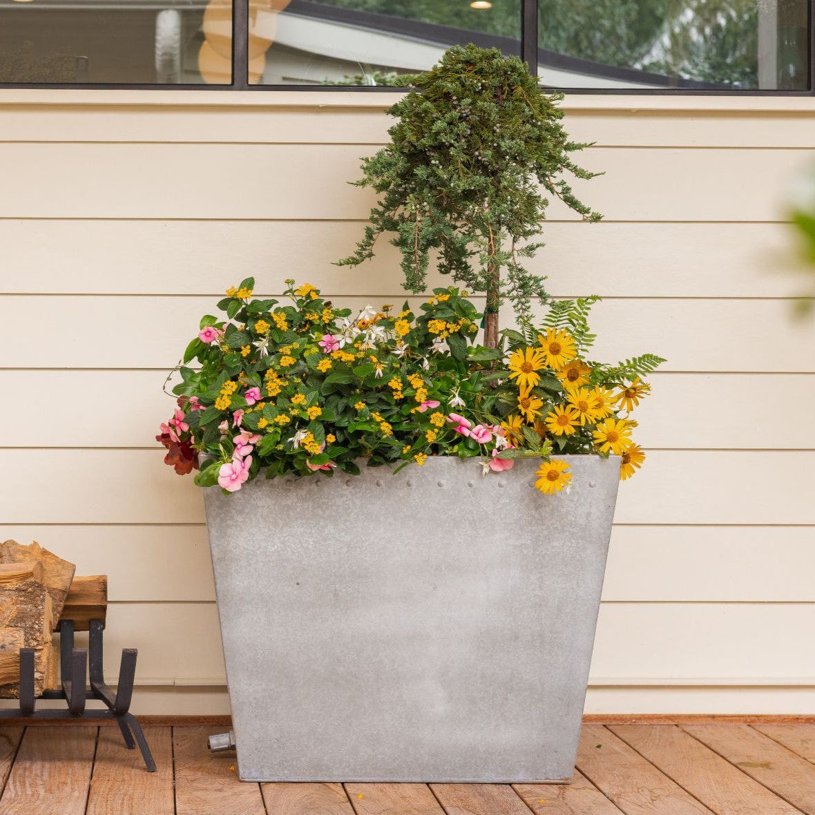 Decorative large planter with flowers and a tree on a wooden deck against a beige wall.