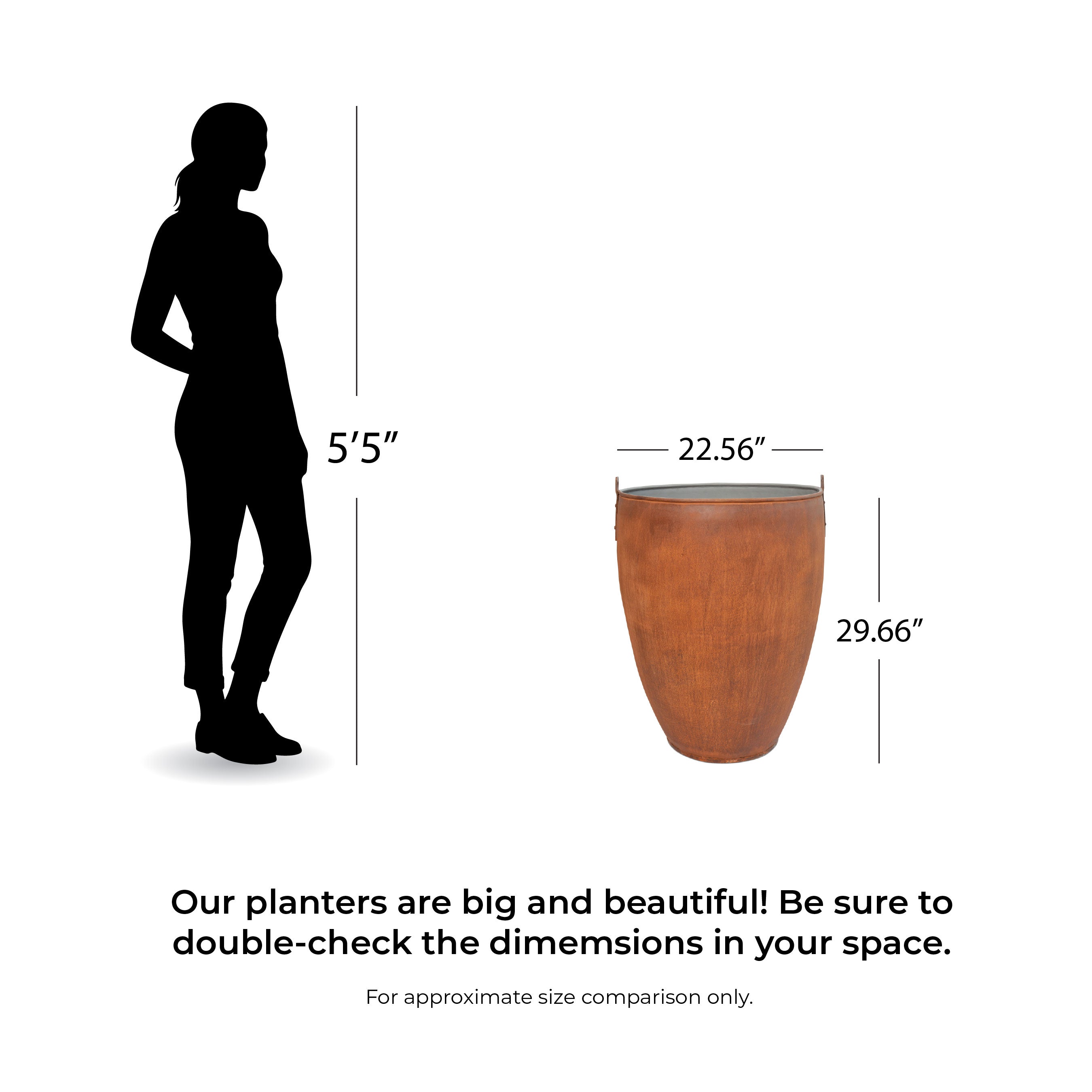 Dimensions of a Honey Bee Outdoor planter shown with a silhouette of a person for scale.