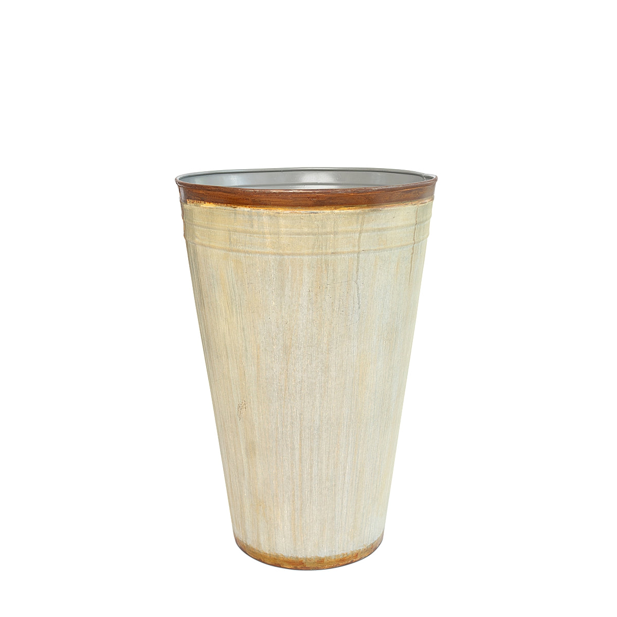 A Tall Weathered Whitewash Steel Planter with a beautifully weathered finish and contrasting rusted bands, inspired by classic French grape harvesting baskets on a white background.