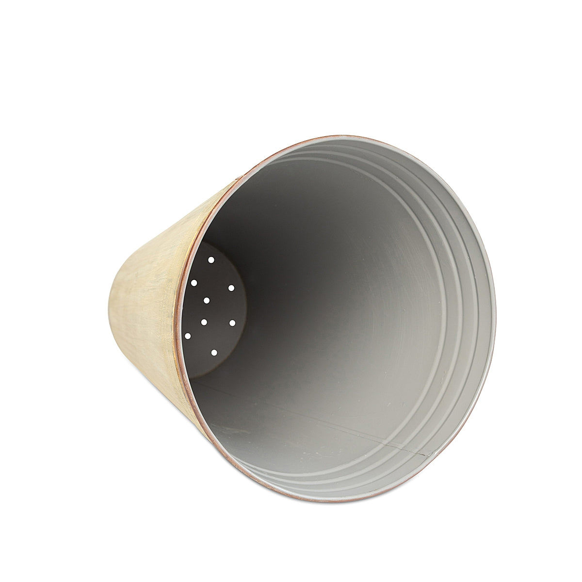 Inside view of the Tall Weathered Whitewash Steel Planter while lying down on a white background.