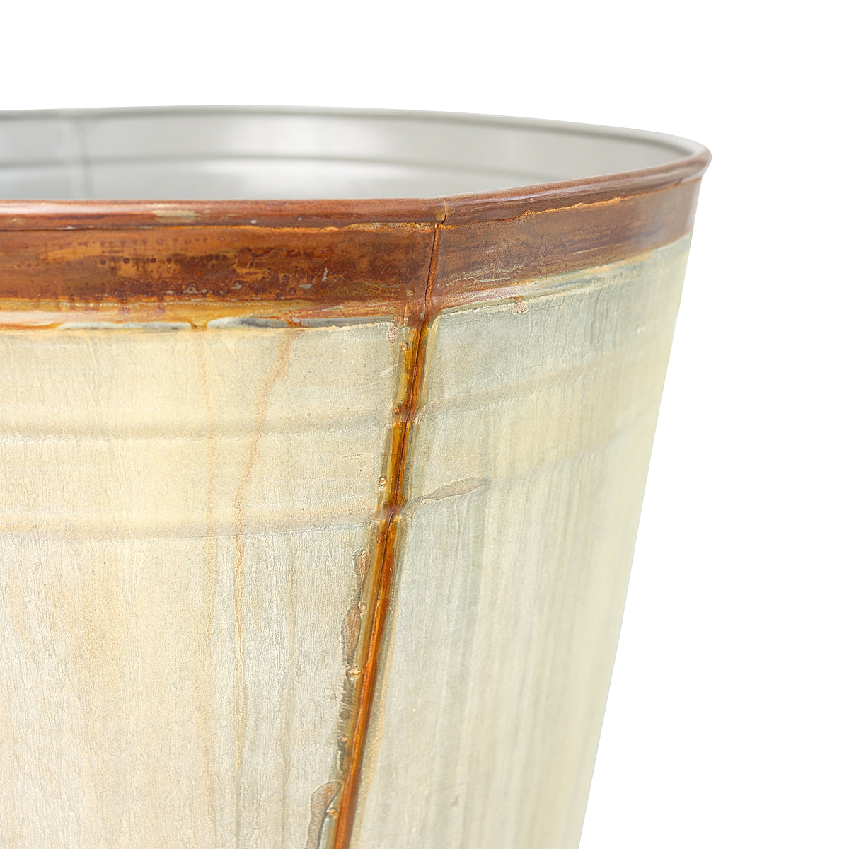 Close-up of vintage planter showing the clear polyurethane coating for protection against the elements on a white background.