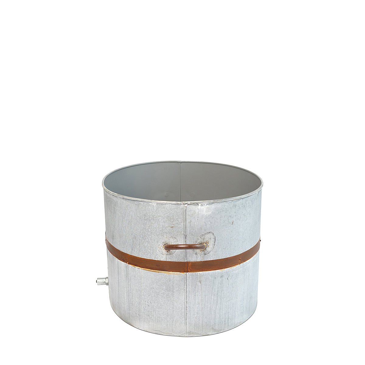 Side view of a rustic oval water trough planter with a weathered finish and a distinctive rust-toned band, showcasing classic farmhouse charm on a white background.