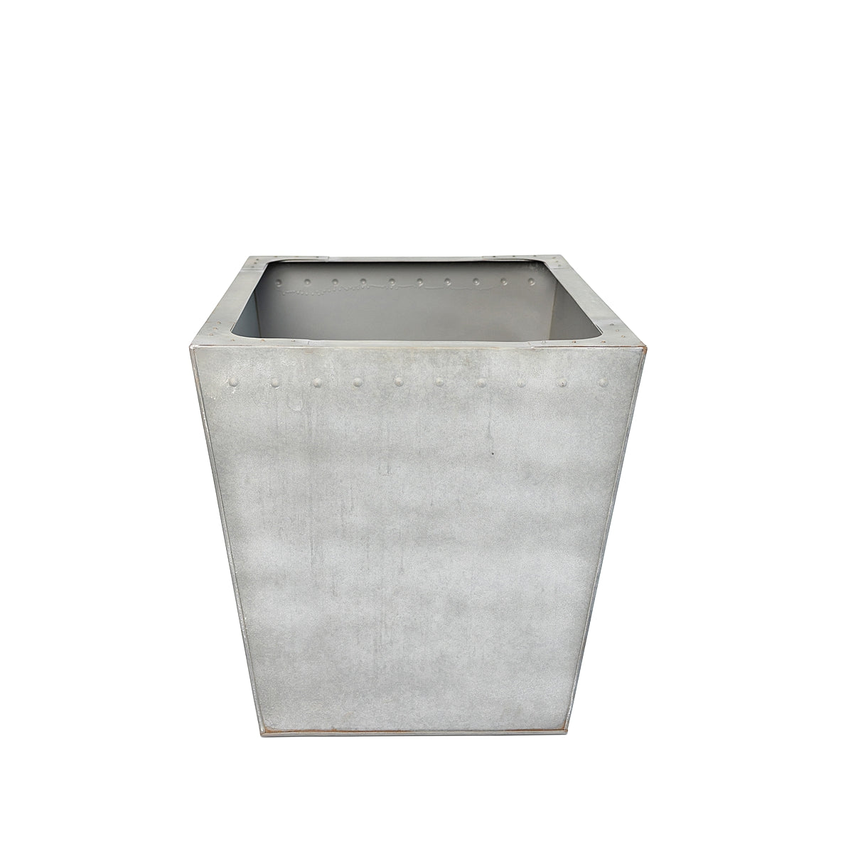 The Rustic Rectangle Water Trough Metal Planter with a rugged galvanized steel finish and visible rivet details, inspired by traditional farm troughs on a white background.